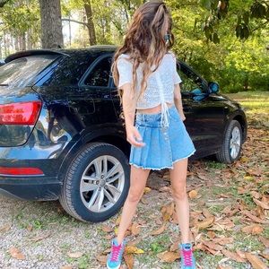 asymmetrical pleated denim skort